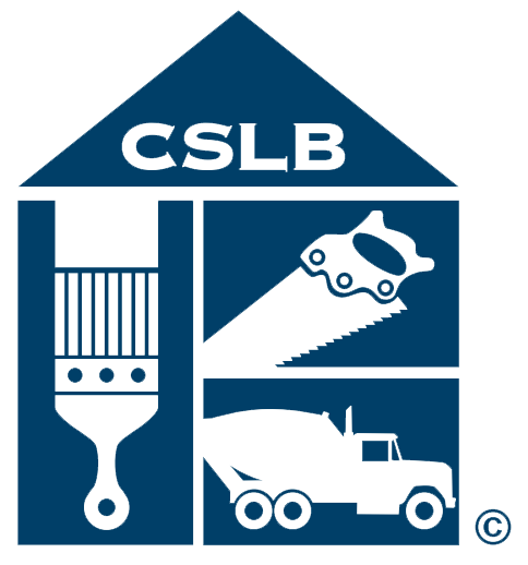 Logo of the California State License Board (CSLB) depicting symbols of construction and trade within a house outline, including a San Francisco emergency plumber.